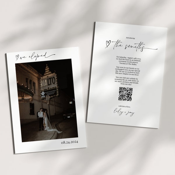 Faire-part de fiancée, Mariage noir et blanc, Elopement minimaliste, QR Code, Mariage tendance, Papeterie de mariage, Téléchargement immédiat