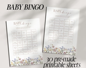 Bingokaarten Wildflower-babyshower: 30 vooraf gevulde bloemenspellen (digitale download)