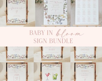 Bundel met bordje wilde bloemen babyshower: welkomstbord en spelletjes (digitale download)