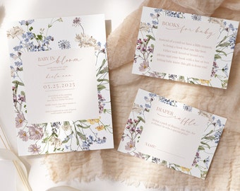 Set met wilde bloemen babyshower: neutraal bloemdessin (digitale download)