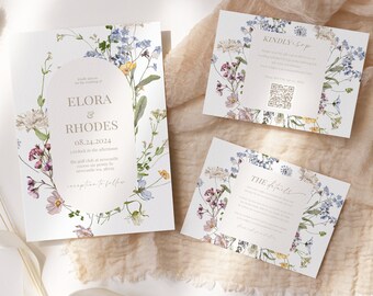 Bruiloftsuitnodigingssuite met wilde bloemen: elegant beige bloemdessin (digitale download)