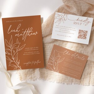 Terracotta Wedding Invitation, QR Code RSVP, Whimsical Boho Wedding Invite, Simple Wedding Invitation, Digital Download, Templett, Printable