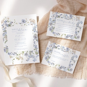 Blue Baby in Bloom Invitation Set, Neutral Wildflower Baby Shower Invitation, Floral Baby Shower, Diaper Raffle, Books for Baby, Blue Flower