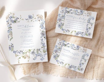 Blue Baby in Bloom Invitation Set, Neutral Wildflower Baby Shower Invitation, Floral Baby Shower, Diaper Raffle, Books for Baby, Blue Flower