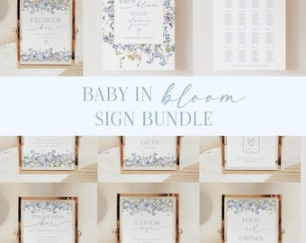 Bundel blauwe bloemen babyshowerbord: games en decor (digitale download)