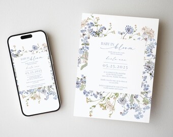 Blauwe wilde bloemen babyshower: neutrale bloemen e-vite (digitaal)