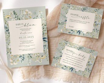 Saliegroene wilde bloemen babyshoweruitnodiging set neutraal bloemen (digitale download)