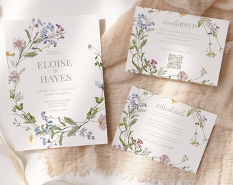 Bruiloftsuitnodigingssuite met wilde bloemen: elegante beige bloemen (digitale download)