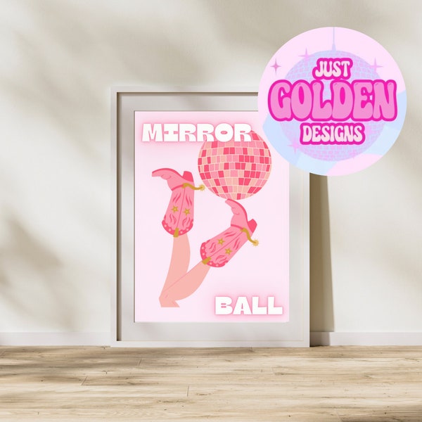 Mirror Ball Groovy Cowgirl Pink and Red Digital Print- aesthetic wall digital prints- groovy wall decorations-  cowgirl girly wall art