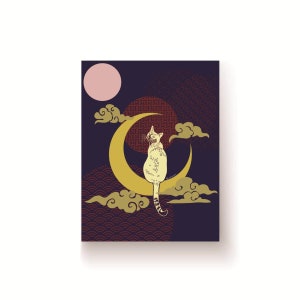Druckbare Neujahrskarten | Katze auf einem Mond