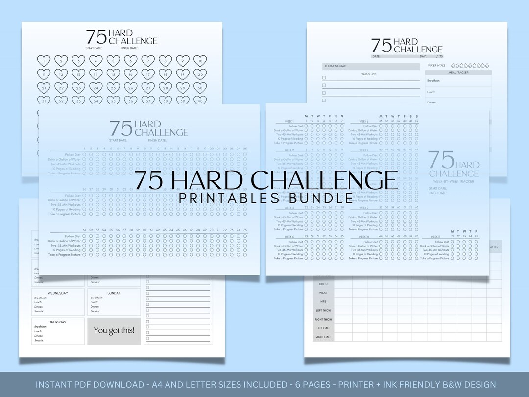 75 Hard Challenge Tracker Printable Bundle 75 Hard Progress Tracker