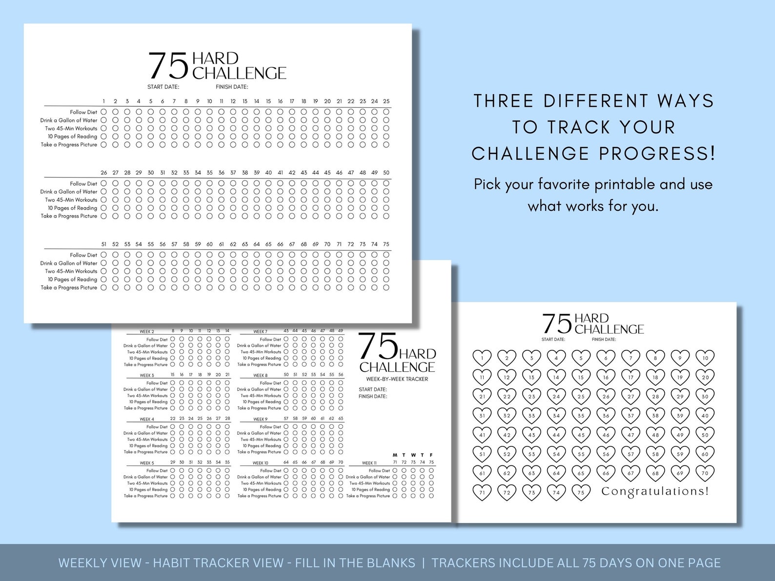 75 Hard Challenge Tracker Printable Bundle 75 Hard Progress Tracker ...