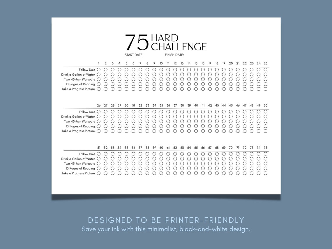 75 Hard Challenge Tracker Printable Bundle 75 Hard Progress Tracker