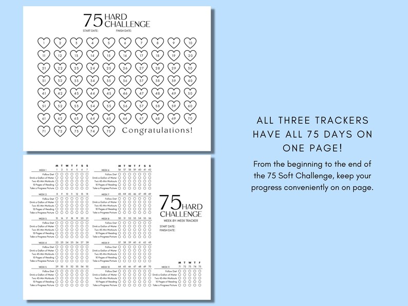 75 Hard Challenge Tracker Printable Bundle 75 Hard Progress Tracker