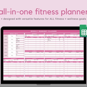 Peut inclure: Un planificateur d'entraînement hebdomadaire rose et blanc affiché sur l'écran d'un ordinateur portable. Le planificateur comprend des sections pour le lundi au dimanche, avec des colonnes pour la date, l'objectif, l'exercice, le poids, les répétitions, les séries et le cardio. Le planificateur comprend également une section pour la répartition hebdomadaire.
