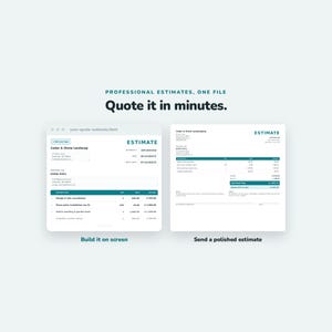 May include: A digital interface displaying a professional estimate template for Cedar & Stone Landscaping. The screen shows a quote builder with line items for design, stone patio installation, and planting, alongside a final polished estimate document.