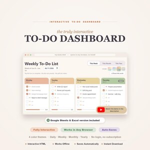 May include: An interactive to-do dashboard digital interface featuring a weekly task list with columns for Monday through Thursday. The layout includes checkboxes, priority dots, status pills, and a red YouTube play button icon for a demo video.