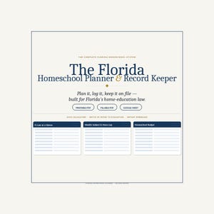 May include: The Florida Homeschool Planner & Record Keeper digital system features text stating: The Complete Florida Homeschool System, Plan it, log it, keep it on file, built for Florida's home-education law, Printable PDF, Fillable PDF, Google Sheet.