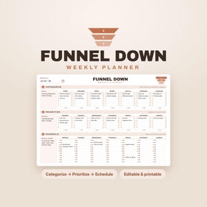 May include: A Funnel Down weekly planner template featuring a three-tiered funnel graphic, sections for categorizing tasks, prioritizing daily activities, and scheduling time slots, with text labels for each section and a beige color palette.