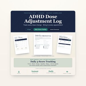May include: A printable ADHD Dose Adjustment Log document set featuring five pages for tracking daily medication changes and symptoms. The layout includes sections for personal details, daily 5-score tracking for focus, mood, energy, appetite, and sleep.