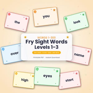 May include: A set of educational flashcards featuring Fry Sight Words levels 1-3. The central white rectangular card displays the text 'WORDS 1-300 Fry Sight Words Levels 1-3'. Surrounding it are eight colourful cards with individual words.