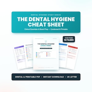 Puede incluir: Una guía de estudio digital e imprimible titulada The Dental Hygiene Cheat Sheet en formato US Letter. El documento cuenta con 12 páginas divididas en 9 secciones, incluyendo elementos clínicos esenciales, preparación de exámenes y listas.