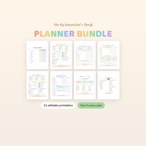 Könnte beinhalten: Ein digitaler Planer-Bundle mit dem Titel the big homeschool + family PLANNER BUNDLE, bestehend aus acht druckbaren Seiten mit pastellfarbenen Überschriften und Rastern. Der Text enthält 11 editable printables und Use it every year, mit verschiedenen Diagrammen für Wochenplanung, Belohnungen, Geld, Sommerpläne, Bildschirmzeit und Aktivitäten.