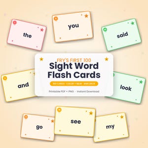 Può includere: Un set di flashcard Fry's First 100 Sight Word con un'etichetta centrale bianca rettangolare con il testo "FRY'S FIRST 100 Sight Word Flash Cards" circondata da singole carte che mostrano parole come the, you, said, and, look, go, see e my.