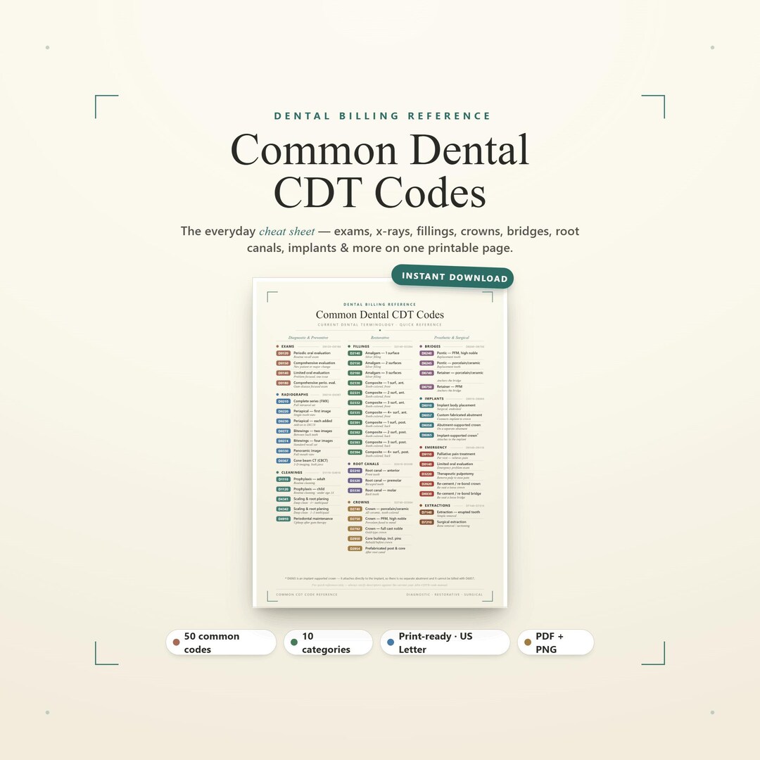 Interim Rpd Cdt Code Common Dental CDT Codes Cheat Sheet – Dental Billing Reference (digital ...