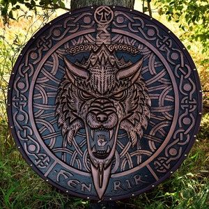 Handmade Medieval Viking Shield, Fenrir Wood Carved Viking Gifts, Viking Wall Decor,Viking Round Shield,Christmas Gifts,Weddding Gift