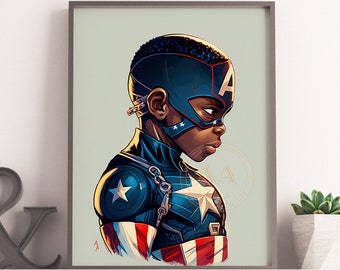 Black Boy Captain America | INSTANT DOWNLOAD | Digital Print| Black Superhero | Black Art | Wall Art | Wall Decor| Gift for Kids | Kids Room