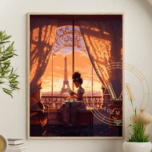 Black Girl Reading in Paris | INSTANT DOWNLOAD | Black Art | African American |  Wall Art | Wall Decor | Gift for Kids | Kids Room