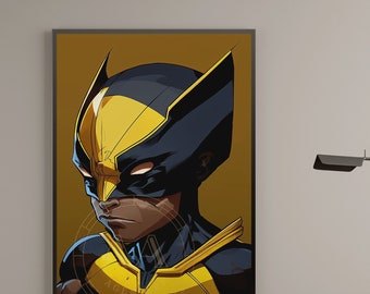 May include: A digital illustration of a superhero wearing a yellow and blue costume with a black mask. The superhero has a serious expression on their face. The background is a solid gold color.