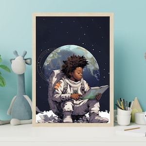 Black Boy Reading on the Moon | INSTANT DOWNLOAD | Black Art | African American |  Wall Art | Gift for Kids | Kids Room | Stars | Space