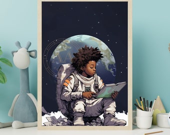 Black Boy Reading on the Moon | INSTANT DOWNLOAD | Black Art | African American |  Wall Art | Gift for Kids | Kids Room | Stars | Space