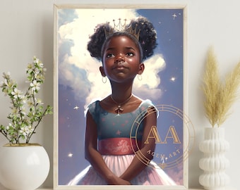 May include: A young girl with dark brown skin and curly black hair wears a gold crown and a pink dress with a blue and white pattern. She is looking up at the sky, which is a light blue with white clouds and sparkling stars. The image has a gold circle with the letters "AA" and the words "AGEM ART" in the lower right corner.