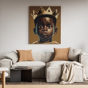 May include: A painting of a young Black boy wearing a gold crown. The boy has a serious expression on his face and is looking directly at the viewer. The painting is set against a brown background.