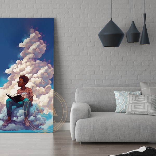 Black Boy Reading on a Cloud| INSTANT DOWNLOAD | Black Art | African American |  Wall Art | Gift for Kids | Kids Room | Stars | Space