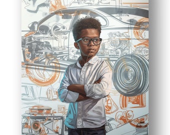 May include: A young boy wearing glasses and a light blue button-down shirt stands in front of a wall with a detailed illustration of a car engine and other automotive parts. The boy has his arms crossed and is looking directly at the viewer.