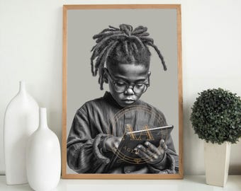 Lámina artística de una chica negra genio de la tecnología / Decoración para habitación infantil (Descarga digital)