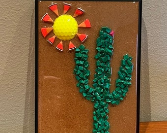 Pelota de golf Mosaico Resina Cactus y Sol, Decoración de pared, Regalo de golf
