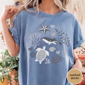 T-shirt zeedieren vintage stijl, retro comfort kleuren® shirt noodlijdende oceaan, zeedieren, walvis, schildpad, zeesterren shirt, uniseks shirt voor volwassenen
