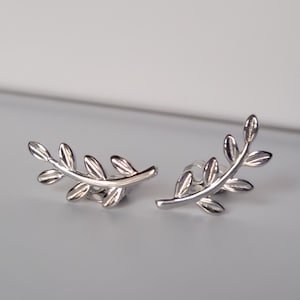 Sterling Silver Leaf Studs Earrings | Leaf Climbers Earrings | Silver Ear Climber Look | Silver Leaf Ear Climbers | Silver Leaf Earrings