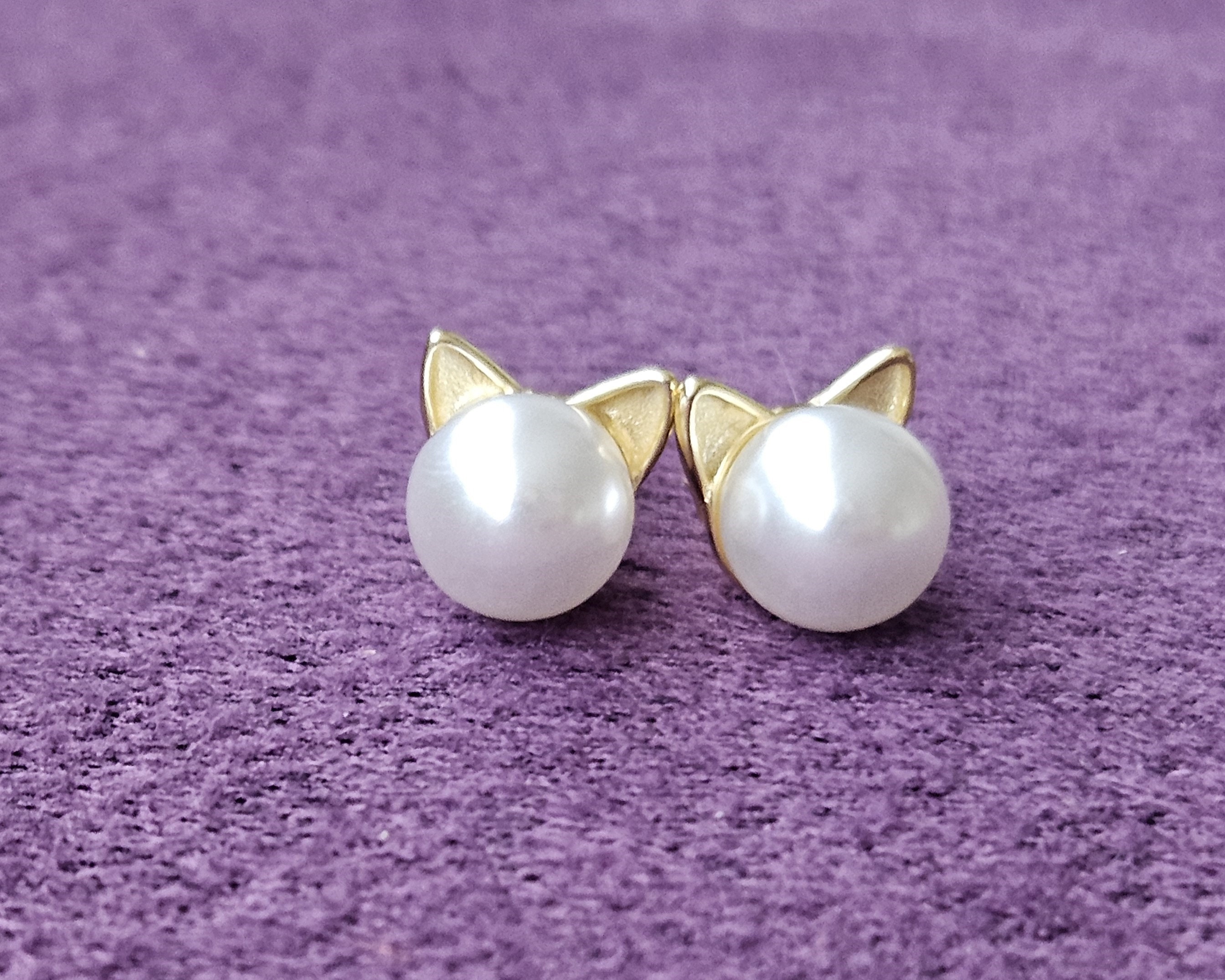 Sterling Silver Natural Pearl Cat Ears Studs Earrings| Cat Ears Earring ...