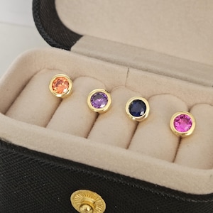 Gold Birthstone Stud Earrings • Gold Round Zircon Birthstone Stud Earrings • Minimalist Dainty Birthstone Stud Earrings • Birthstone Jewelry