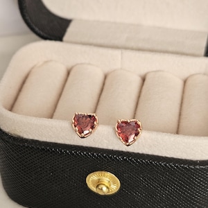 Gold Ruby Heart Bracelet | Gold Ruby Heart Earrings | Dainty Ruby Heart Gemstone Bracelet | Red Crystal Heart Bracelet and Earring set