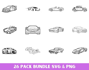Könnte beinhalten: Eine Sammlung von schwarz-weißen Strichzeichnungen verschiedener Autos, darunter Sportwagen, Cabrios und klassische Modelle. Der Text "26 PACK BUNDLE SVG & PNG" ist am unteren Bildrand zu sehen.