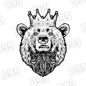 Puede incluir: Una ilustración en blanco y negro de un oso con una corona dorada. El oso tiene una expresión seria y mira directamente al espectador.