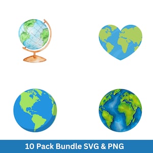 May include: A set of four watercolour illustrations of the Earth. The illustrations include a globe on a stand, a heart-shaped Earth, and two different views of the Earth as a sphere.
