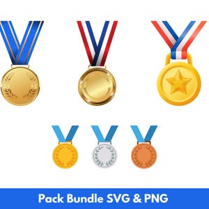 May include: A set of six gold, silver, and bronze medals with blue, red, and white ribbons. The medals feature a laurel wreath, a star, and a blank space for engraving. Pack Bundle SVG & PNG.